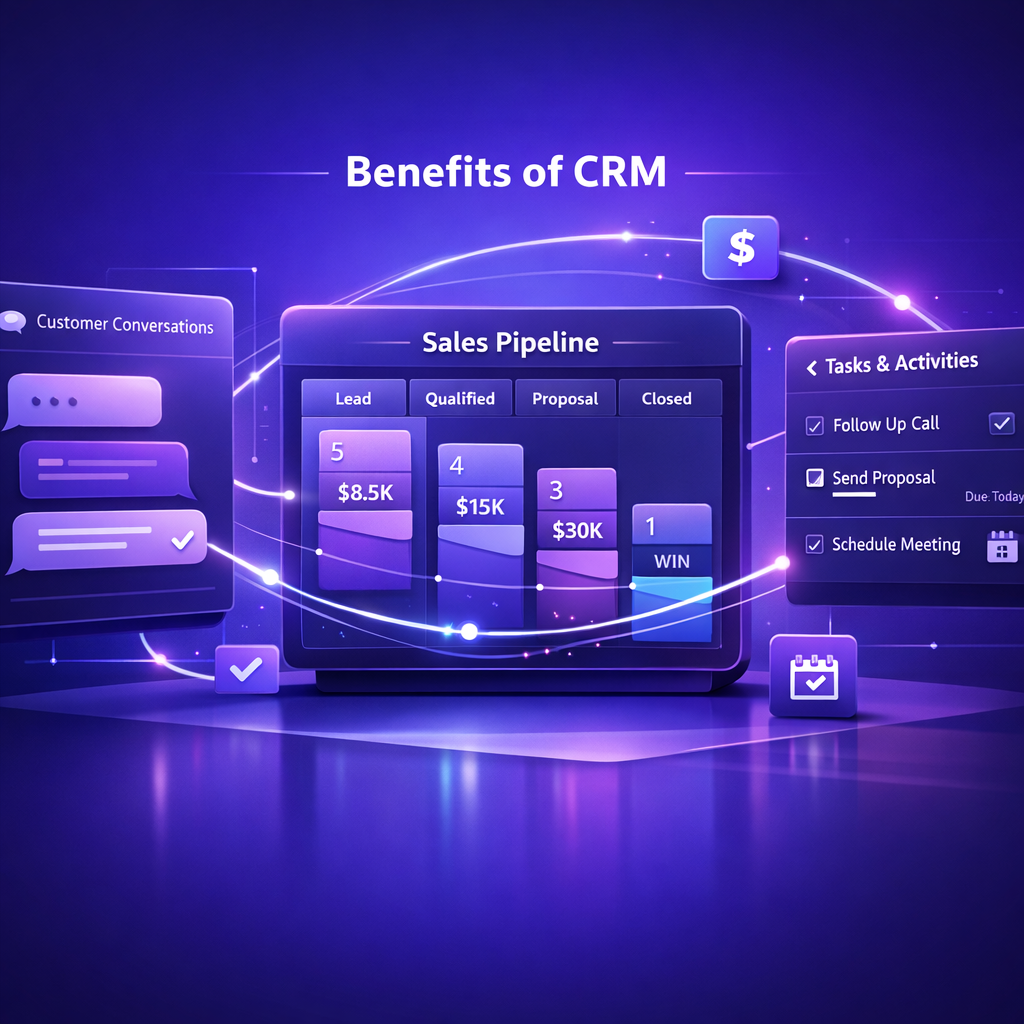 Clean 3D dashboard mockup illustrating the "benefits of CRM" connecting customer conversations to a visual sales pipeline and tasks, in a premium enterprise SaaS style