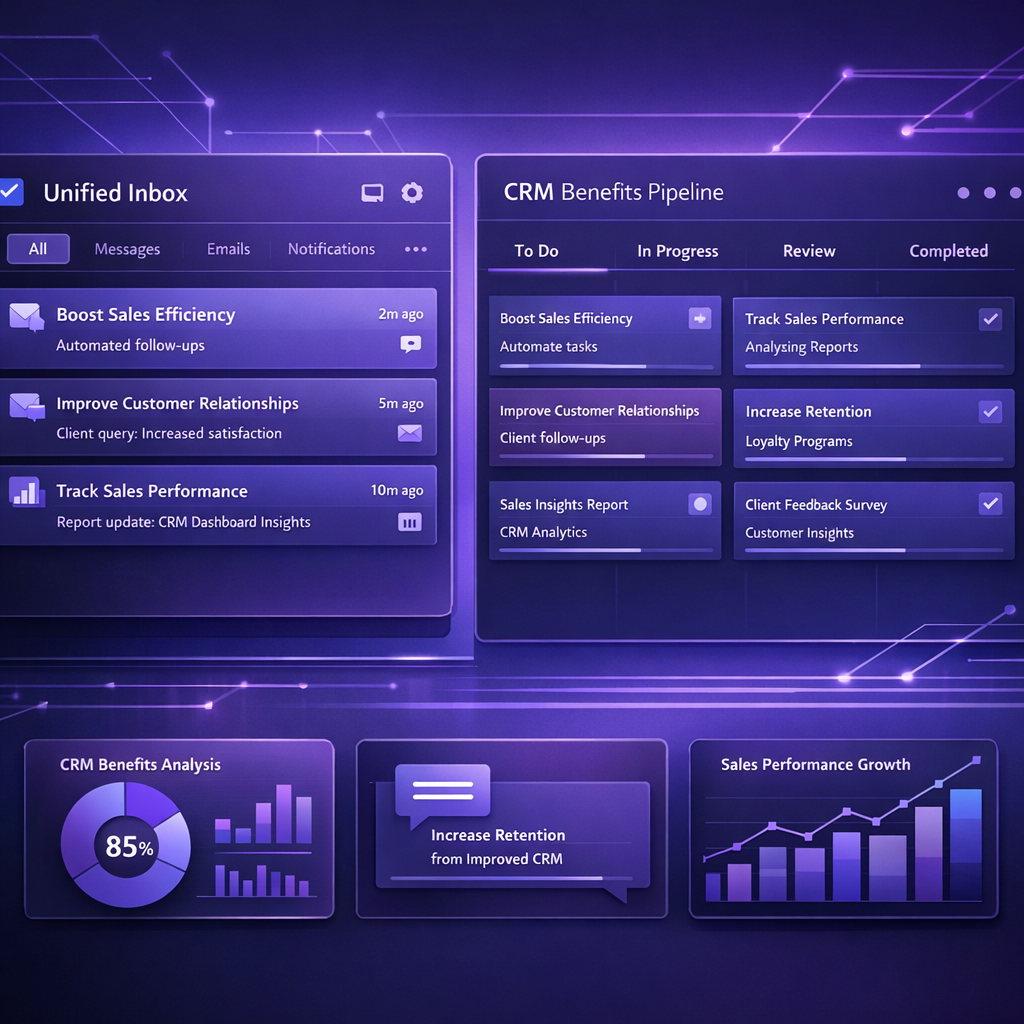 Minimal UI screens showcasing a unified inbox and a kanban pipeline where the "benefits of CRM" are visible across tasks, conversations and reports