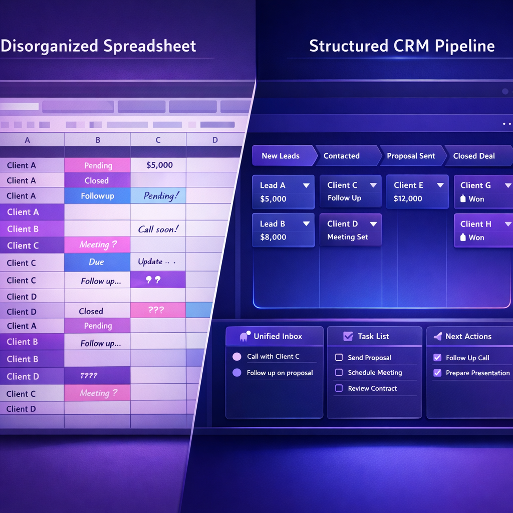 CRM vs planilhas: comparação entre planilha desorganizada e CRM kanban conectado ao histórico e tarefas