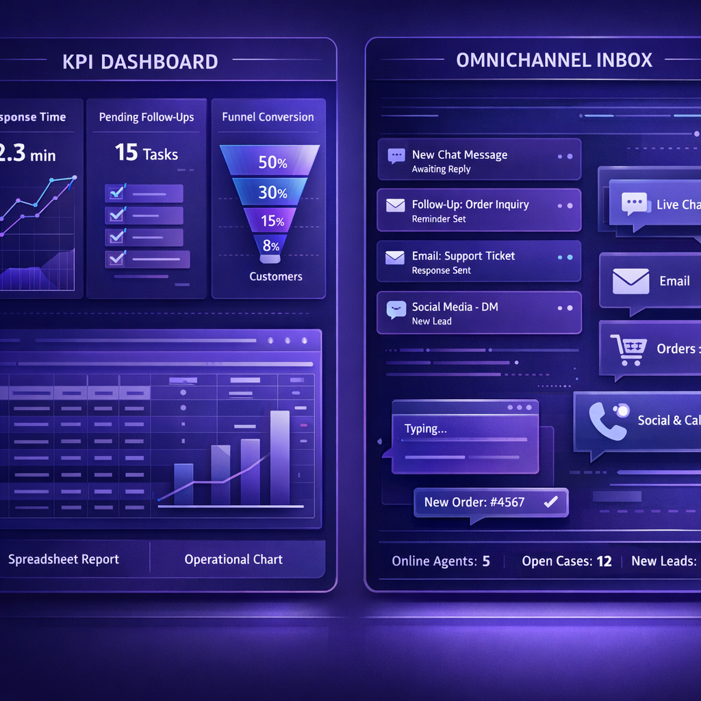 KPIs ao lado da inbox omnichannel mostrando tempo de resposta, follow-ups e funil comparados a planilhas