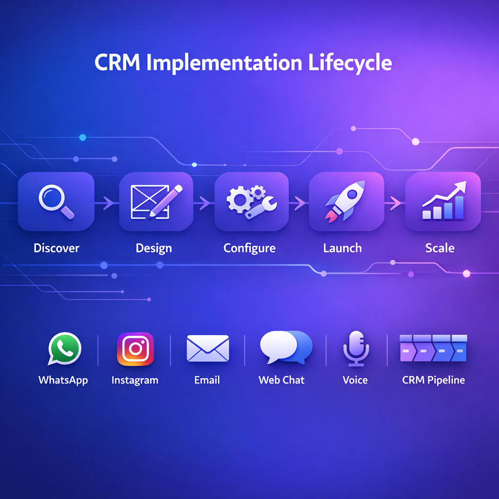 A clean process diagram in English showing five phases of a CRM implementation lifecycle: Discover, Design, Configure, Launch, Scale. Include icons for WhatsApp, Instagram, Email, WebChat, Voice, and a CRM pipeline. Professional, minimal, brand-neutral.