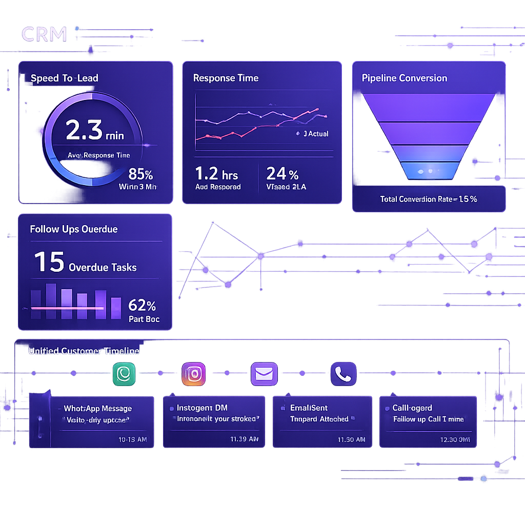 A dashboard mockup in English illustrating CRM KPIs: speed-to-lead, response time, pipeline conversion, follow-ups overdue, and a unified customer timeline combining WhatsApp, Instagram, email, and calls.